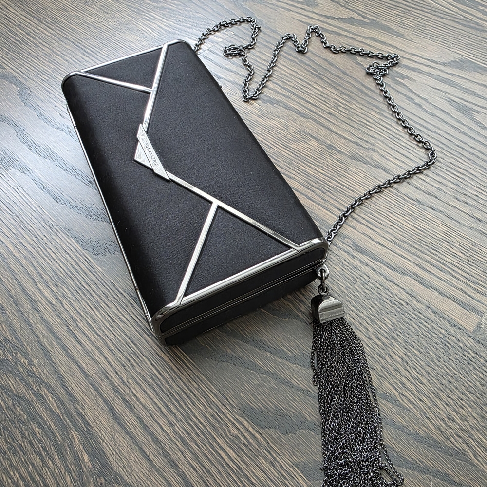 BCBG MAXAZRIA Black Evening Clutch with Silver Accents and Chain Tassel